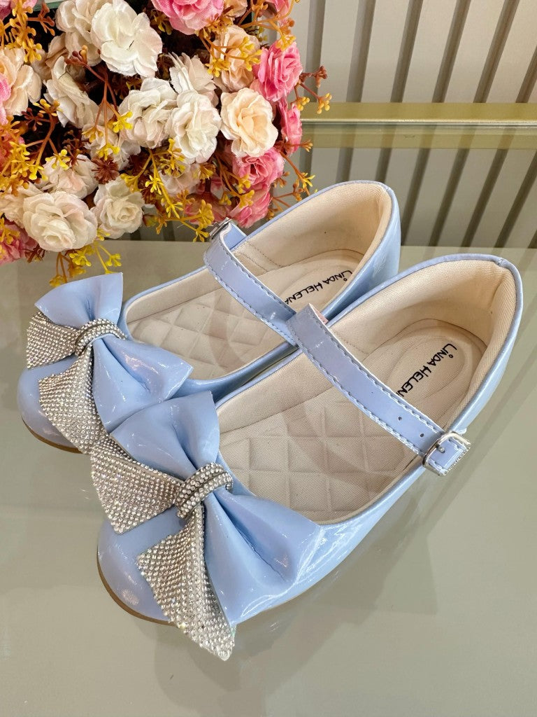 Sapatinho Infantil Azul Verniz Com Lacinho e Strass Luxo