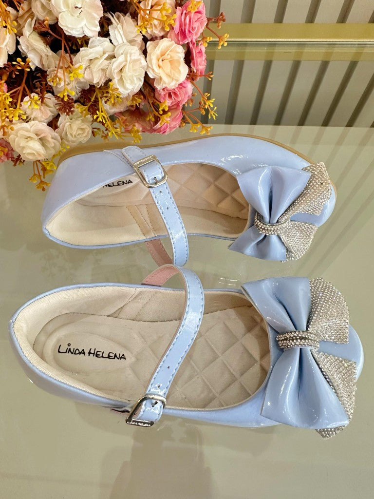 Sapatinho Infantil Azul Verniz Com Lacinho e Strass Luxo