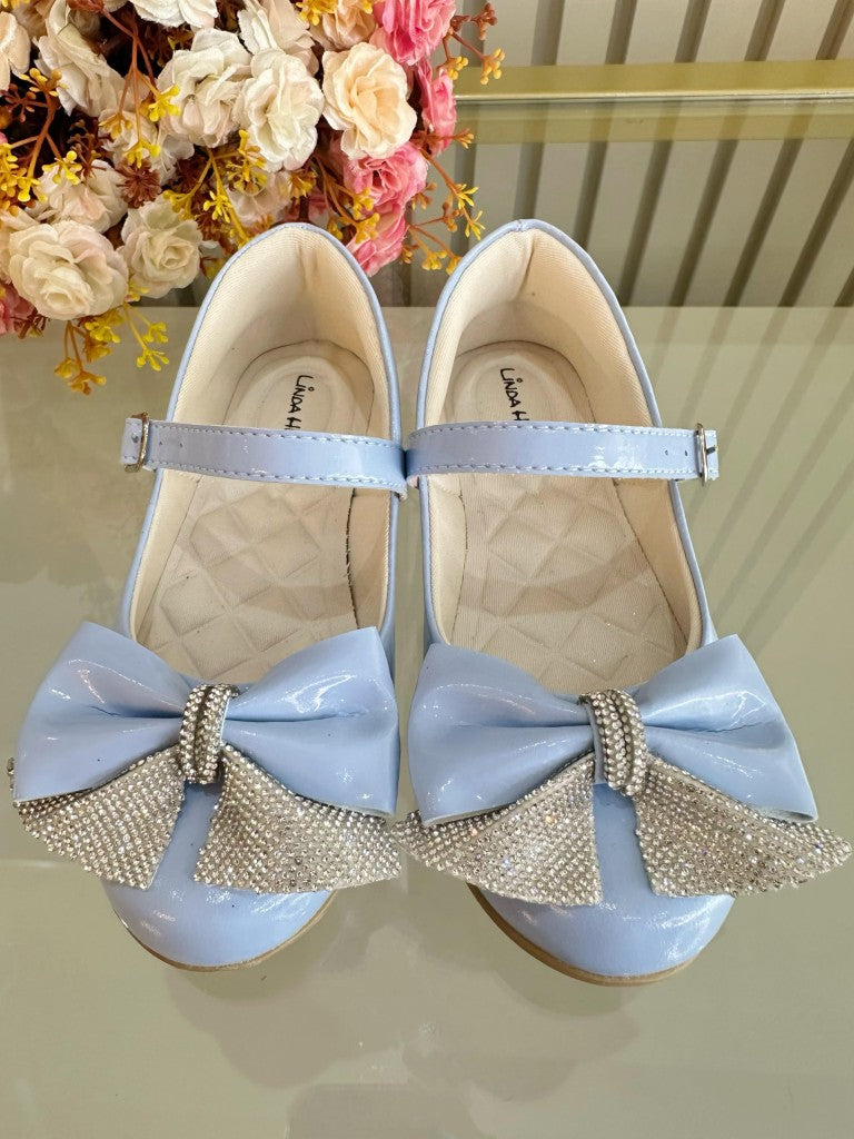 Sapatinho Infantil Azul Verniz Com Lacinho e Strass Luxo