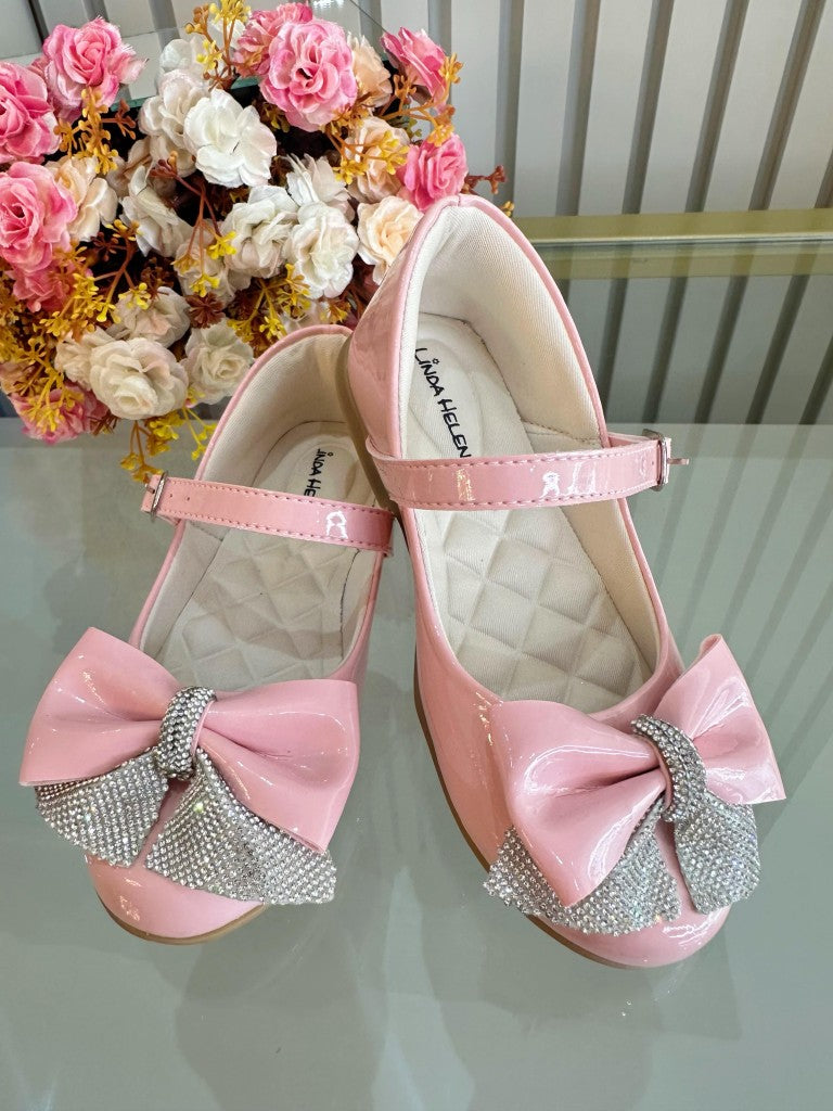 Sapatinho Infantil Rosa com Aplique de Lacinho e Strass Luxo
