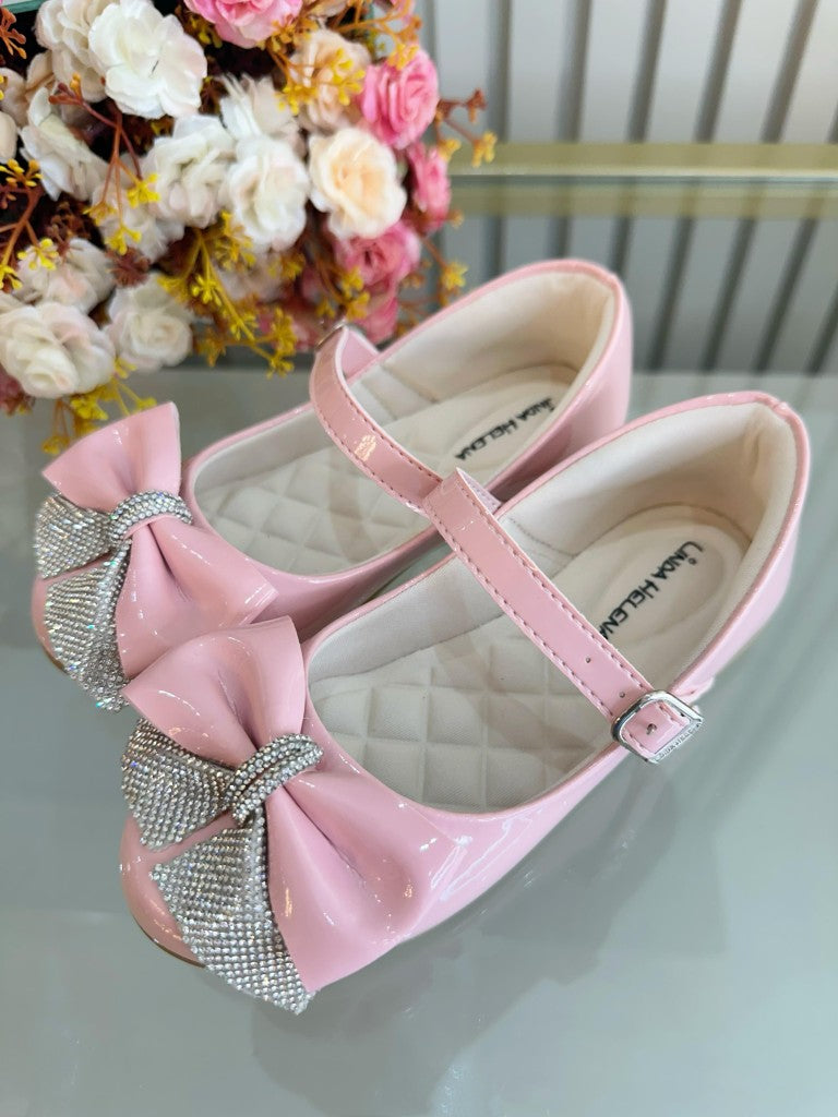 Sapatinho Infantil Rosa com Aplique de Lacinho e Strass Luxo