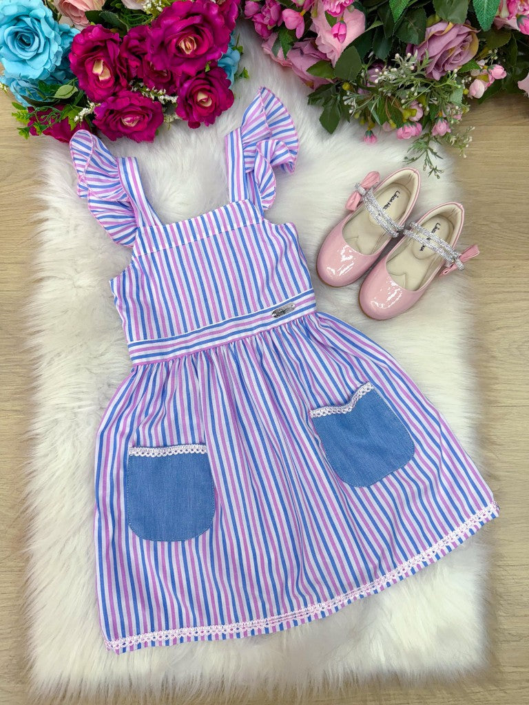 Vestido Lilás Listrado Infantil com Forro em Poliéster e Algodão
