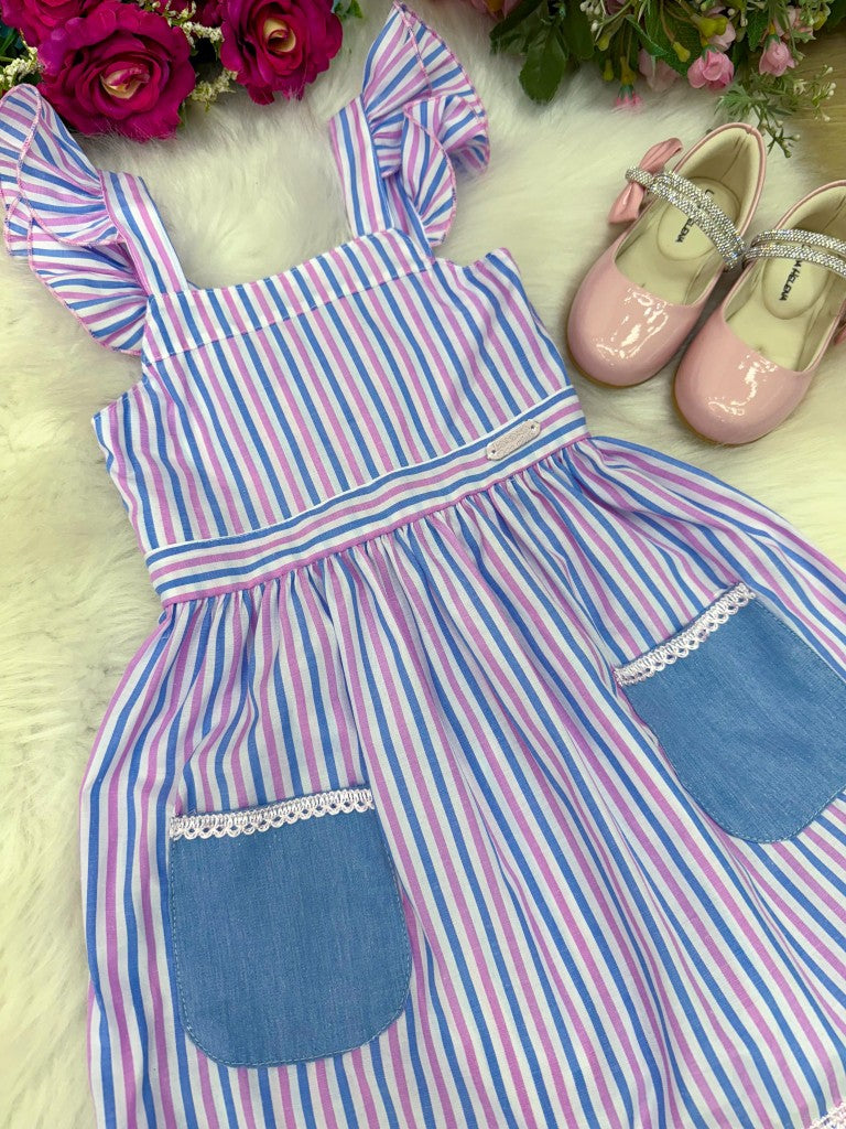 Vestido Lilás Listrado Infantil com Forro em Poliéster e Algodão