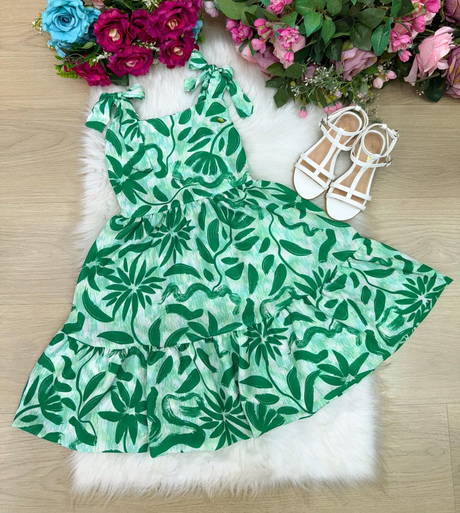 Vestido Verde de Poliéster com Gola Redonda e Alças Ajustáveis