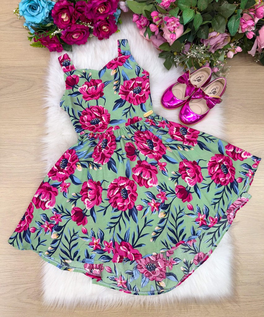 Vestido Verde de Viscose com Gola Redonda e Amarração nas Costas