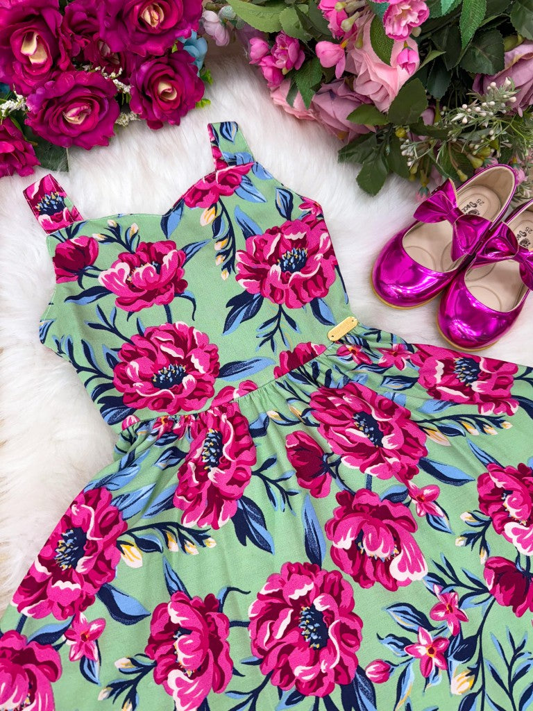 Vestido Verde de Viscose com Gola Redonda e Amarração nas Costas