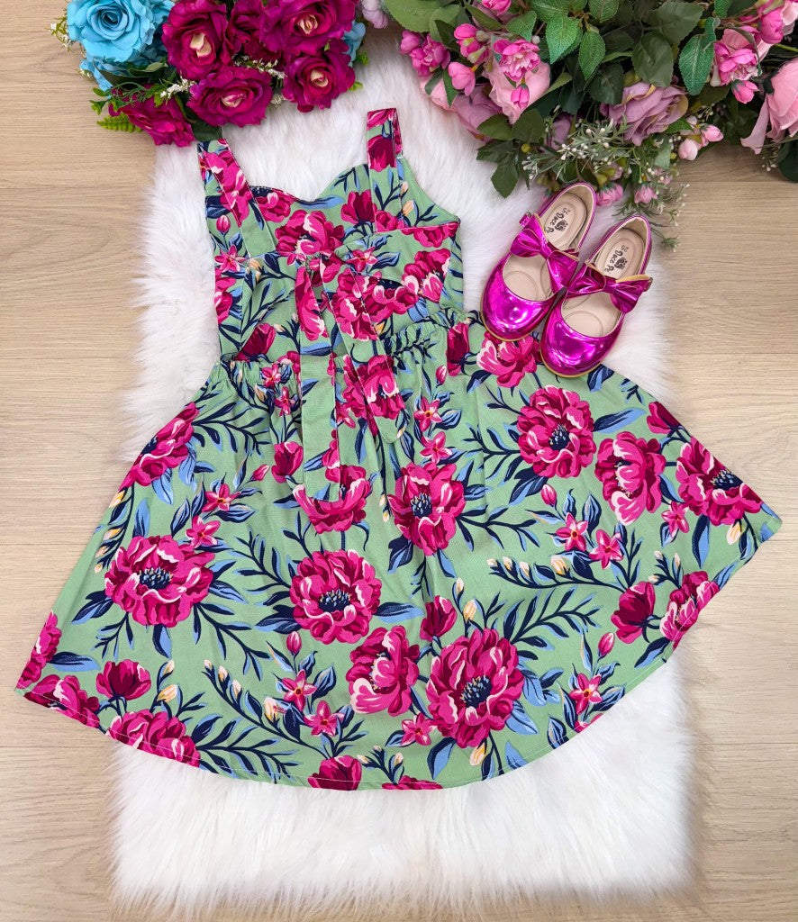 Vestido Verde de Viscose com Gola Redonda e Amarração nas Costas