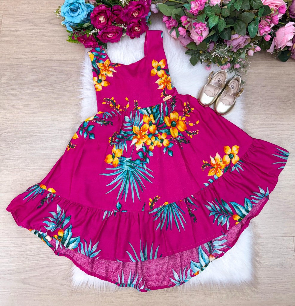 Vestido Pink de Viscose com Gola Redonda e Mangas Alcinha