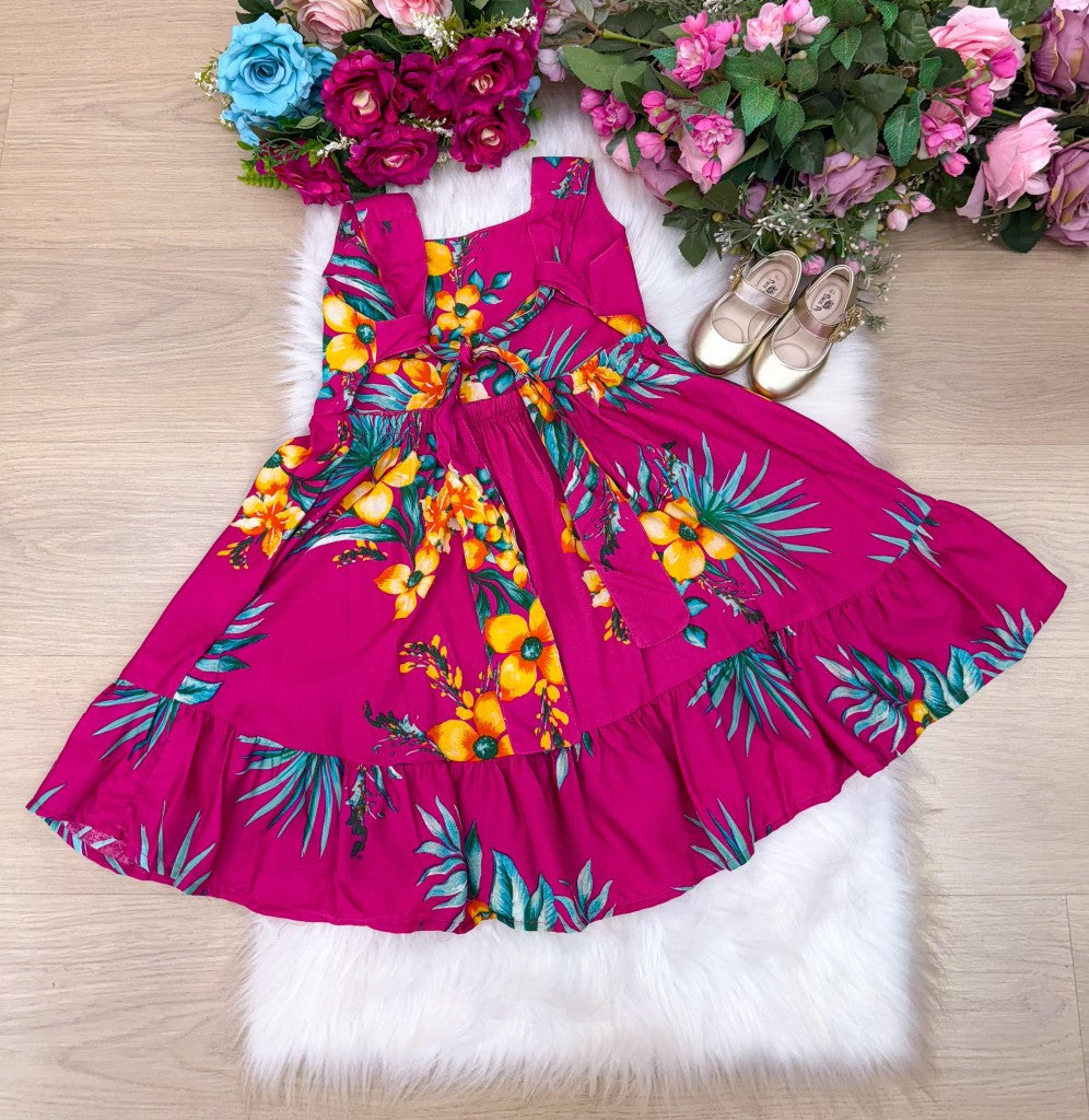 Vestido Pink de Viscose com Gola Redonda e Mangas Alcinha