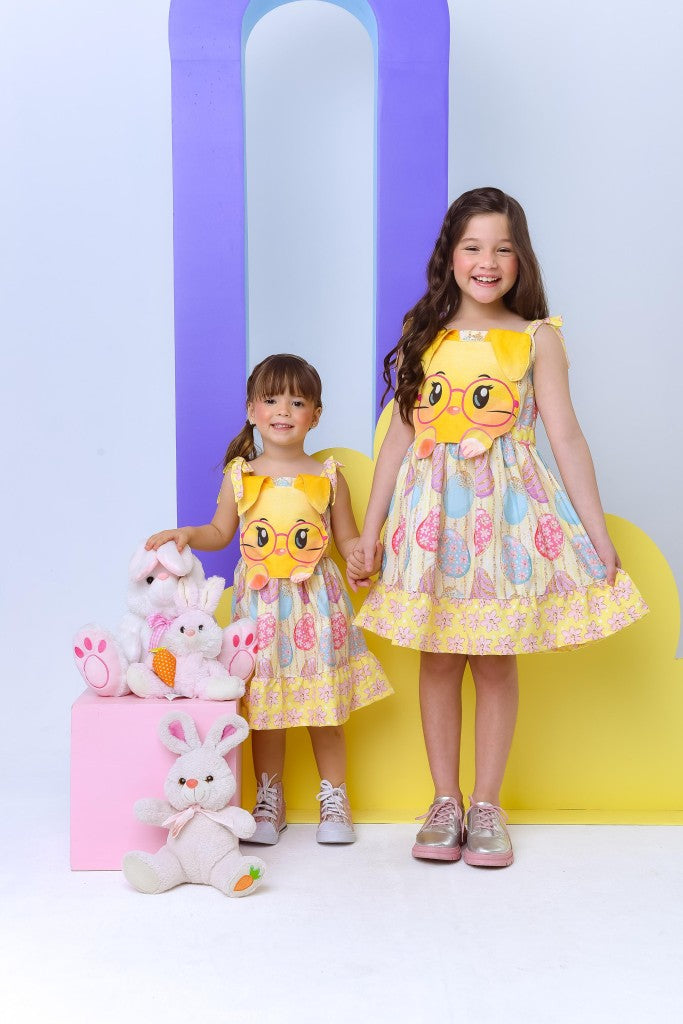 Vestido Infantil Amarelo de Poliéster para Festas de Verão