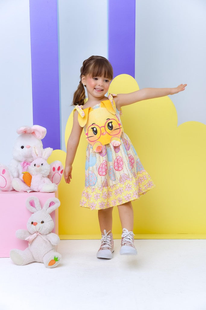 Vestido Infantil Amarelo de Poliéster para Festas de Verão
