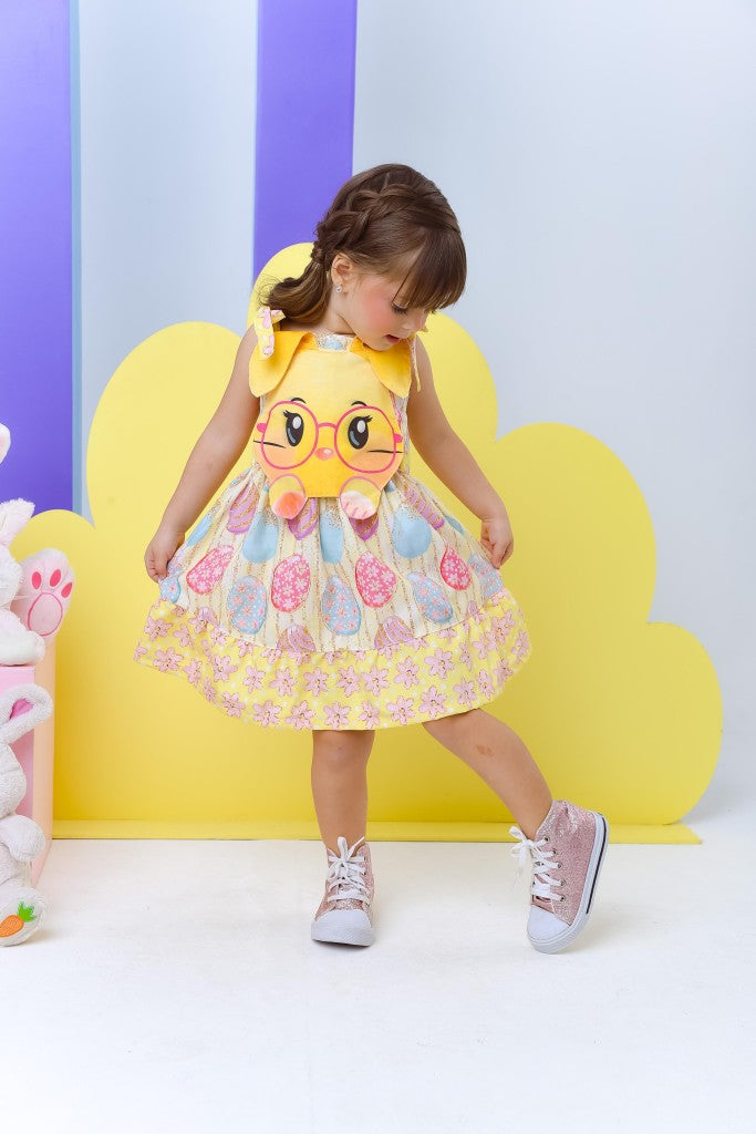 Vestido Infantil Amarelo de Poliéster para Festas de Verão