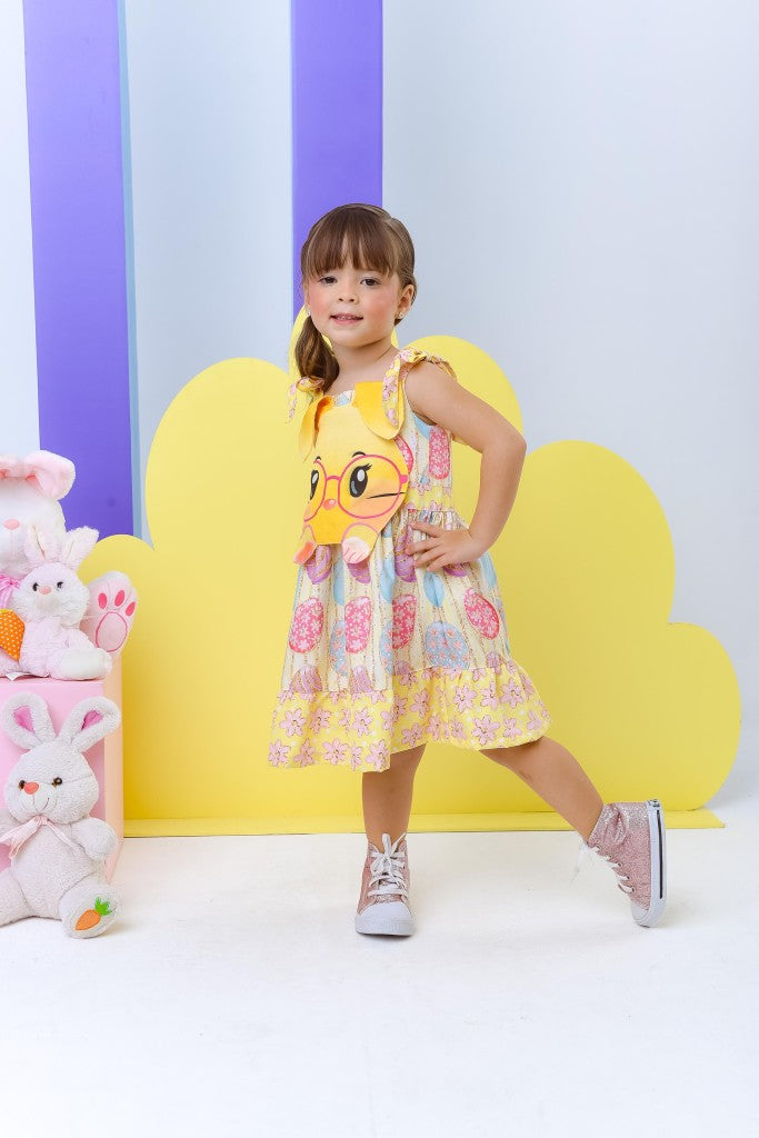 Vestido Infantil Amarelo de Poliéster para Festas de Verão