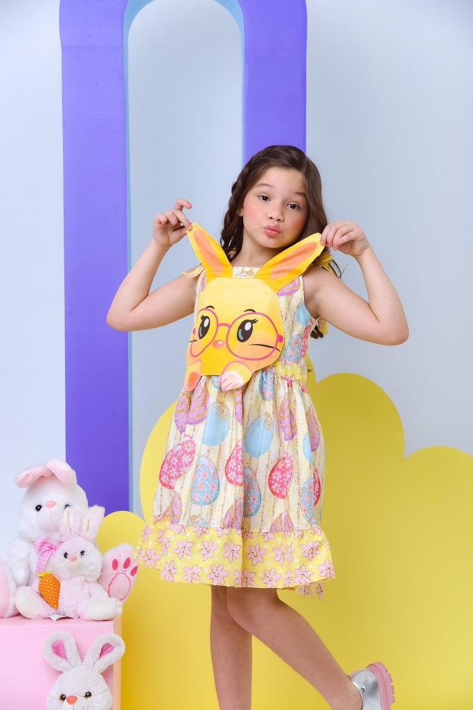 Vestido Infantil Amarelo de Poliéster para Festas de Verão