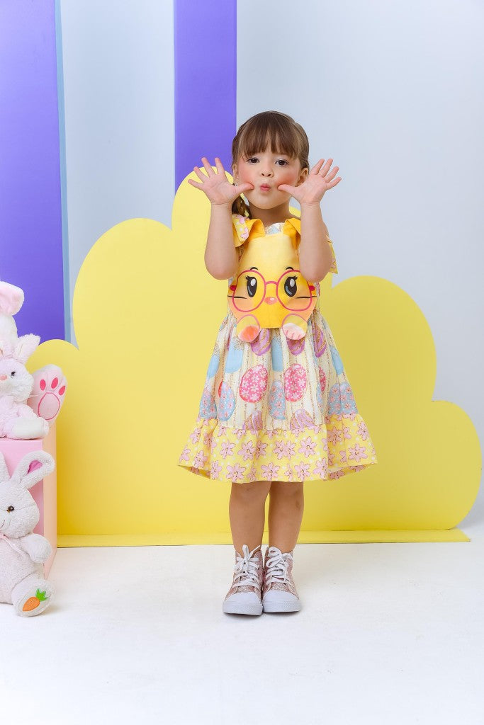 Vestido Infantil Amarelo de Poliéster para Festas de Verão