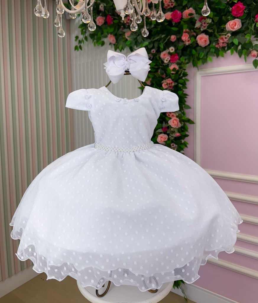 Vestido Branco Infantil em Poliéster com Laço e Gola Redonda