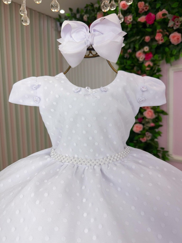 Vestido Branco Infantil em Poliéster com Laço e Gola Redonda