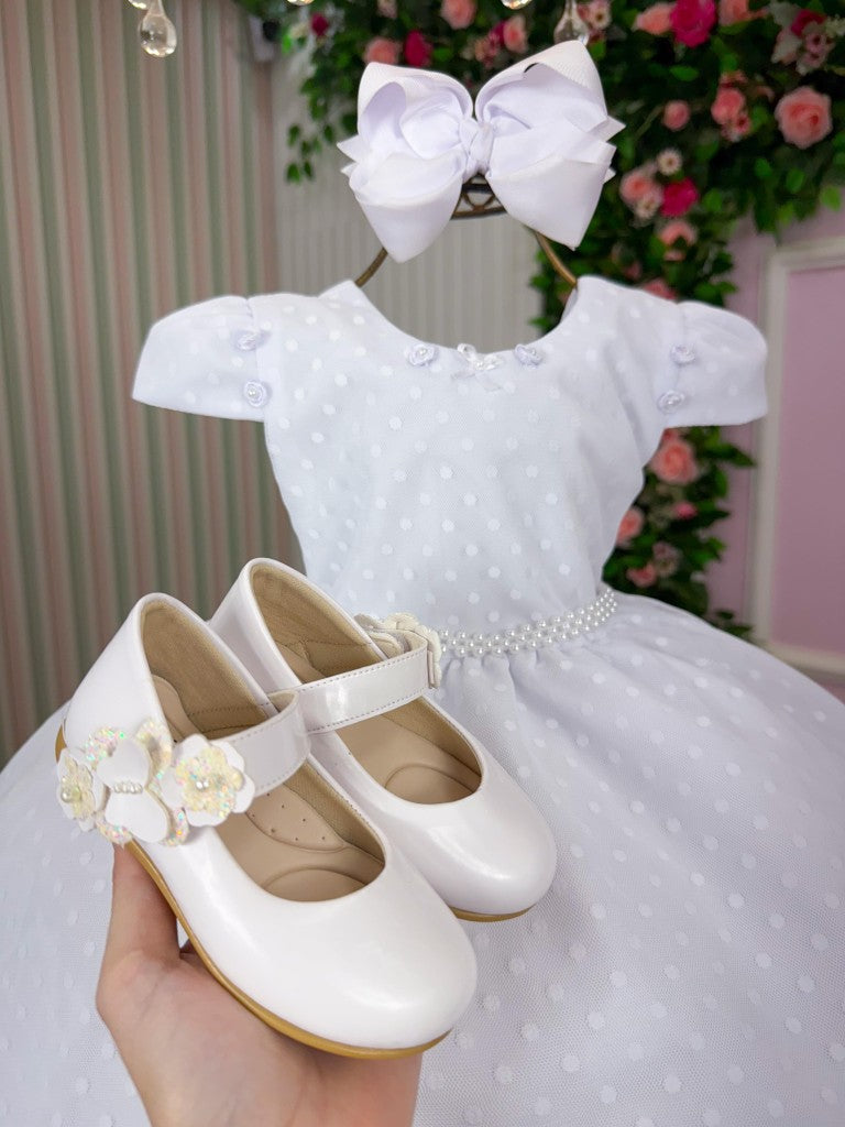 Vestido Branco Infantil em Poliéster com Laço e Gola Redonda