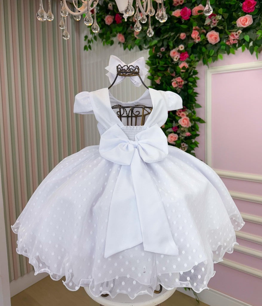 Vestido Branco Infantil em Poliéster com Laço e Gola Redonda