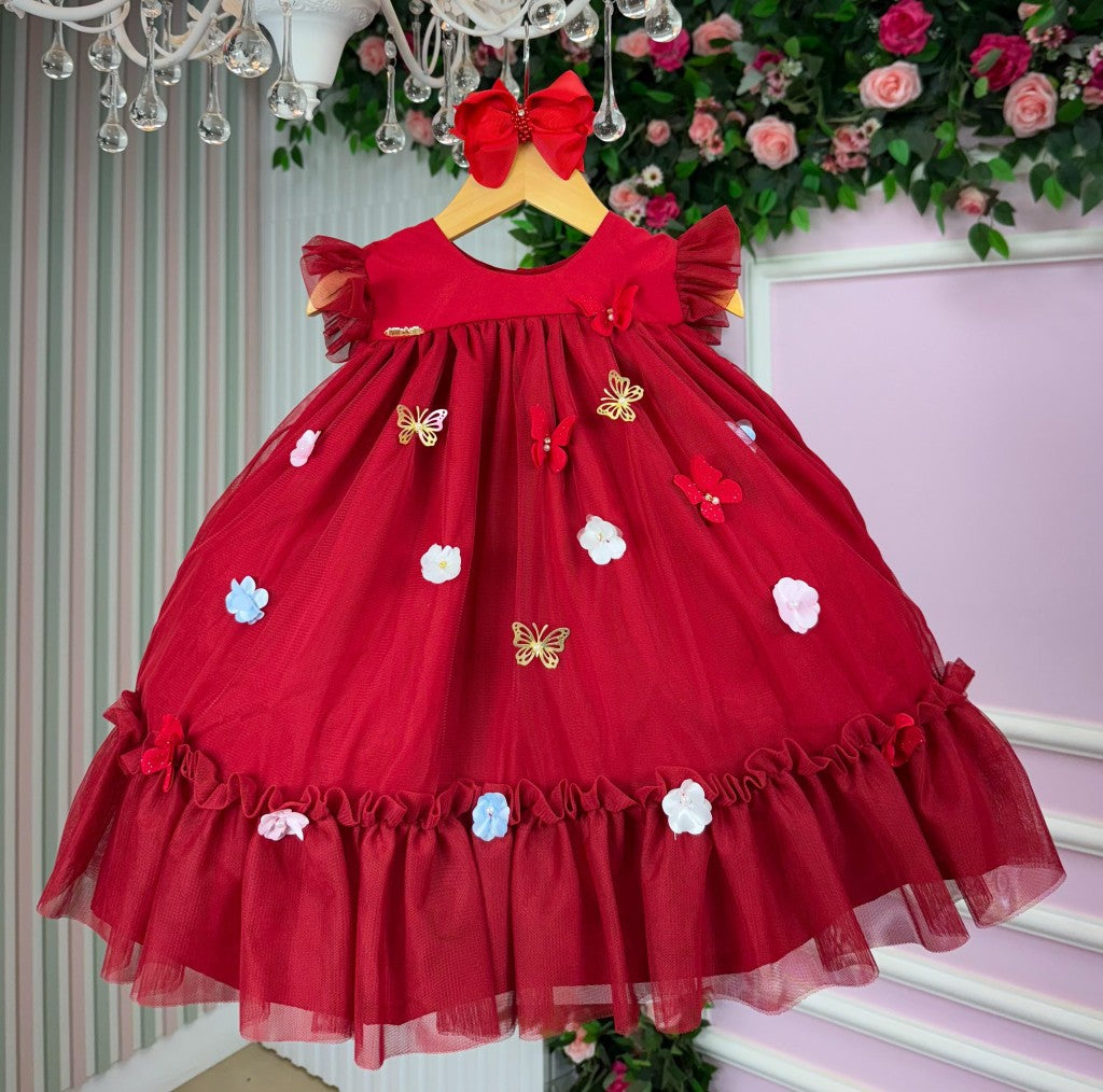 Vestido Infantil Vermelho em Tule para Jardim Encantado Baby Liz
