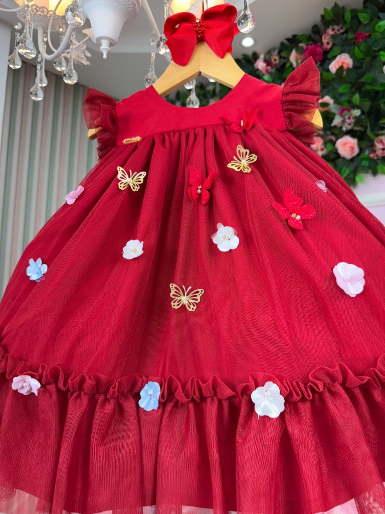 Vestido Infantil Vermelho em Tule para Jardim Encantado Baby Liz