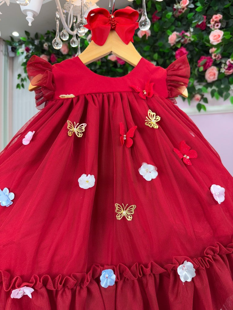 Vestido Infantil Vermelho em Tule para Jardim Encantado Baby Liz
