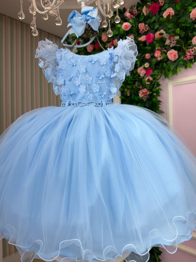 Vestido Infantil Azul Bebê com Gola Redonda e Laço para Meninas