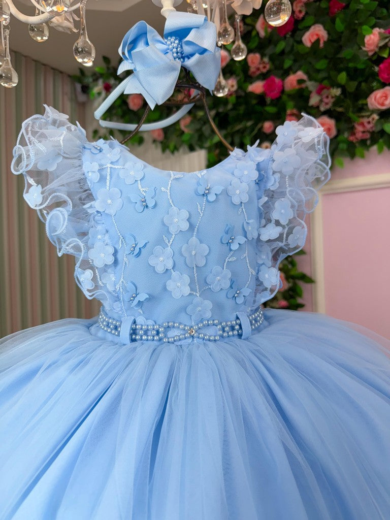 Vestido Infantil Azul Bebê com Gola Redonda e Laço para Meninas