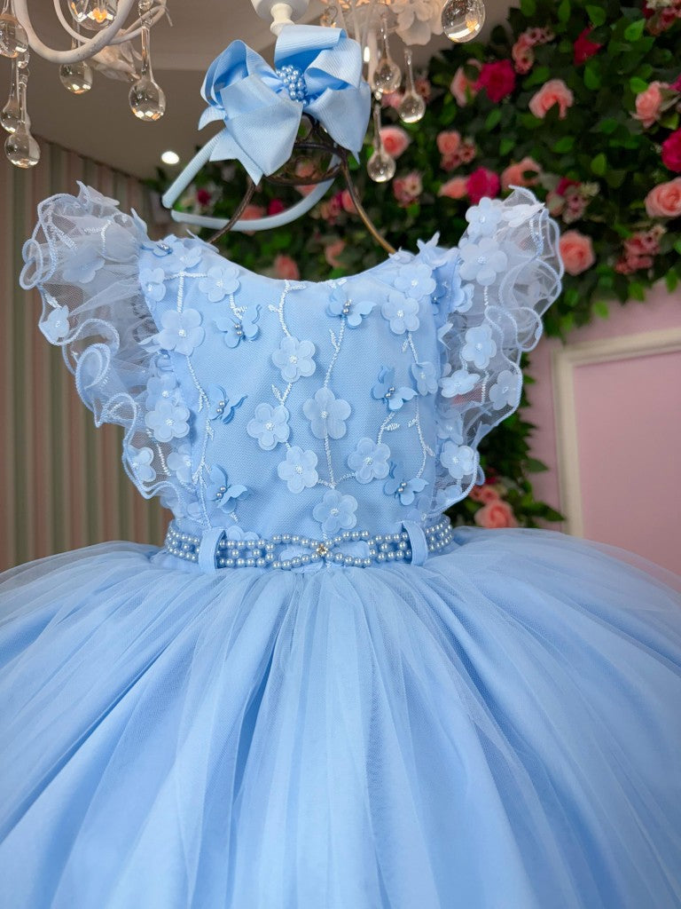 Vestido Infantil Azul Bebê com Gola Redonda e Laço para Meninas