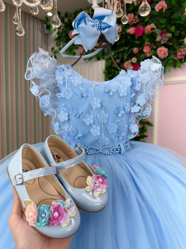 Vestido Infantil Azul Bebê com Gola Redonda e Laço para Meninas