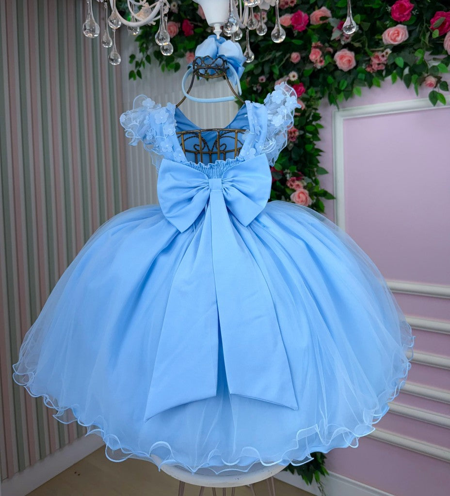 Vestido Infantil Azul Bebê com Gola Redonda e Laço para Meninas