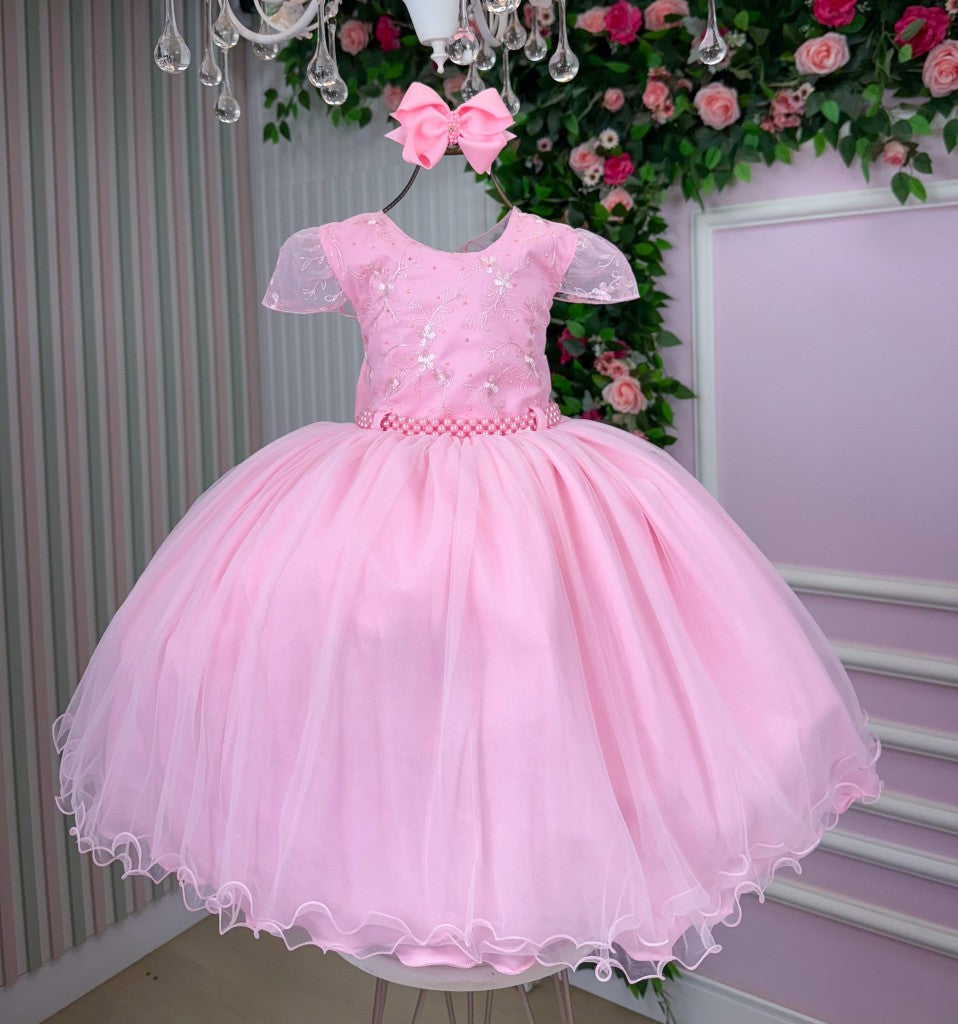 Vestido Infantil Beatriz Rosa Bebê em Tecido Misto com Laço