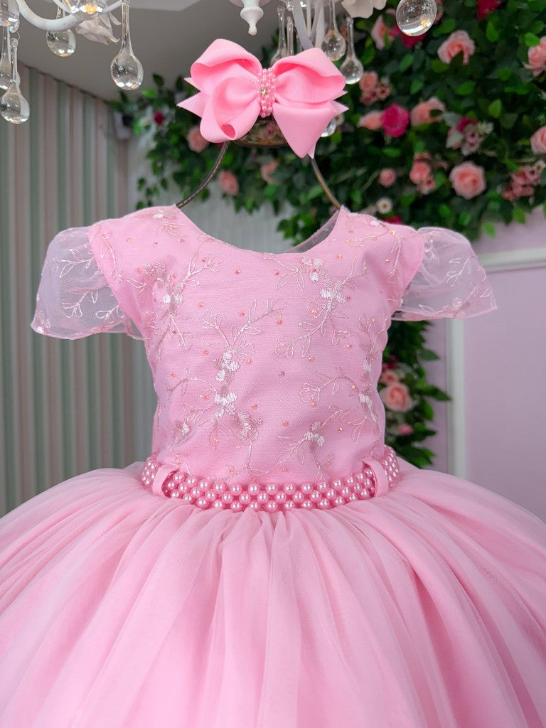 Vestido Infantil Beatriz Rosa Bebê em Tecido Misto com Laço