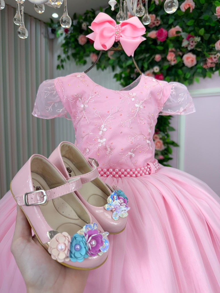 Vestido Infantil Beatriz Rosa Bebê em Tecido Misto com Laço