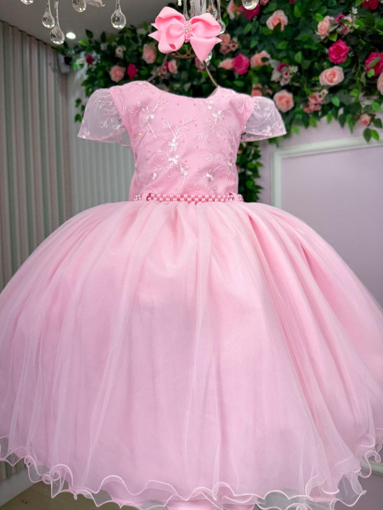 Vestido Infantil Beatriz Rosa Bebê em Tecido Misto com Laço