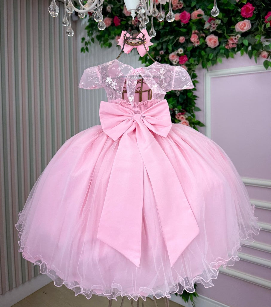 Vestido Infantil Beatriz Rosa Bebê em Tecido Misto com Laço
