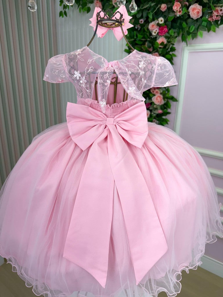 Vestido Infantil Beatriz Rosa Bebê em Tecido Misto com Laço