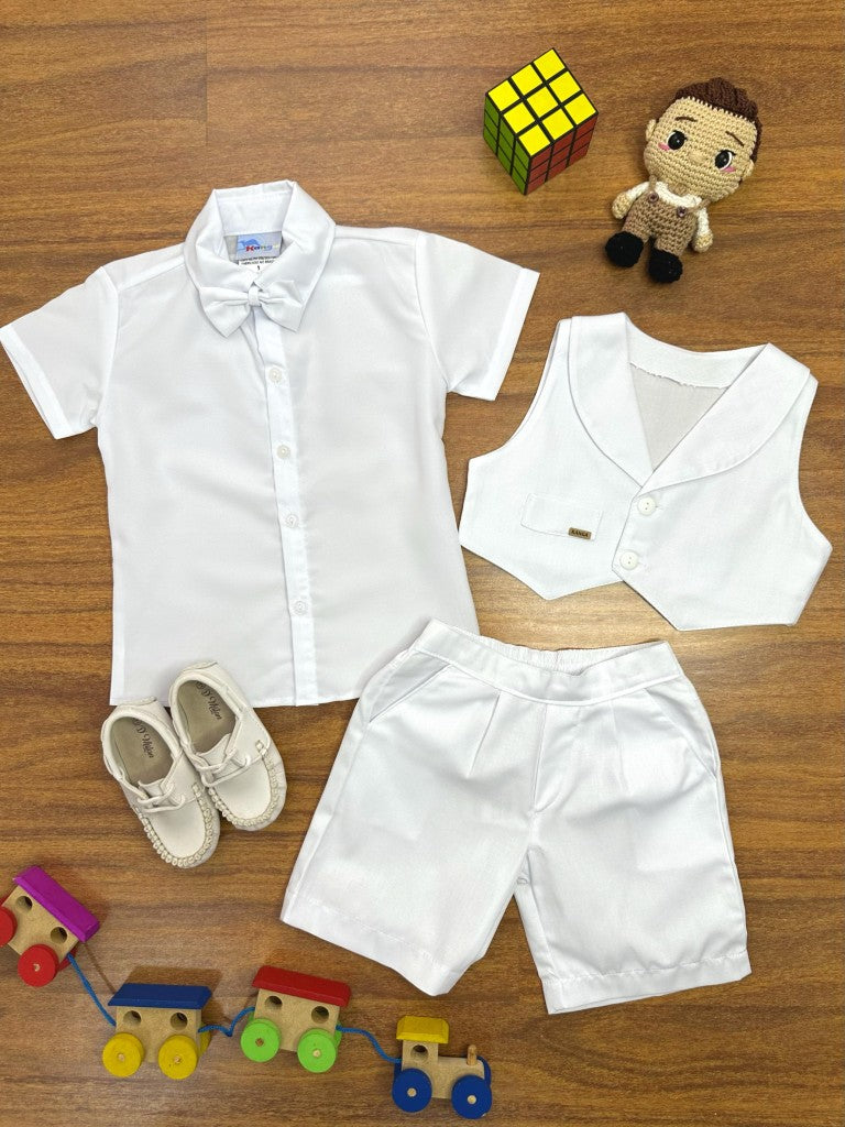 Conjunto Social Branco com Short, Camisa, Colete, Gravata e Suspensório