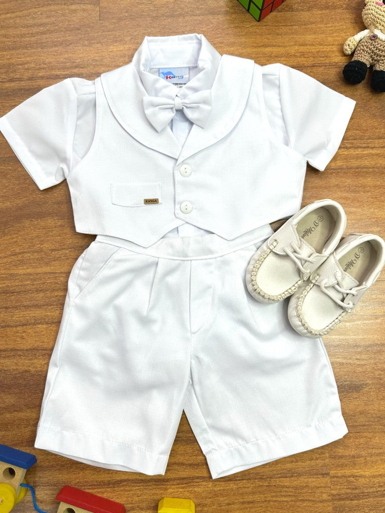 Conjunto Social Branco com Short, Camisa, Colete, Gravata e Suspensório