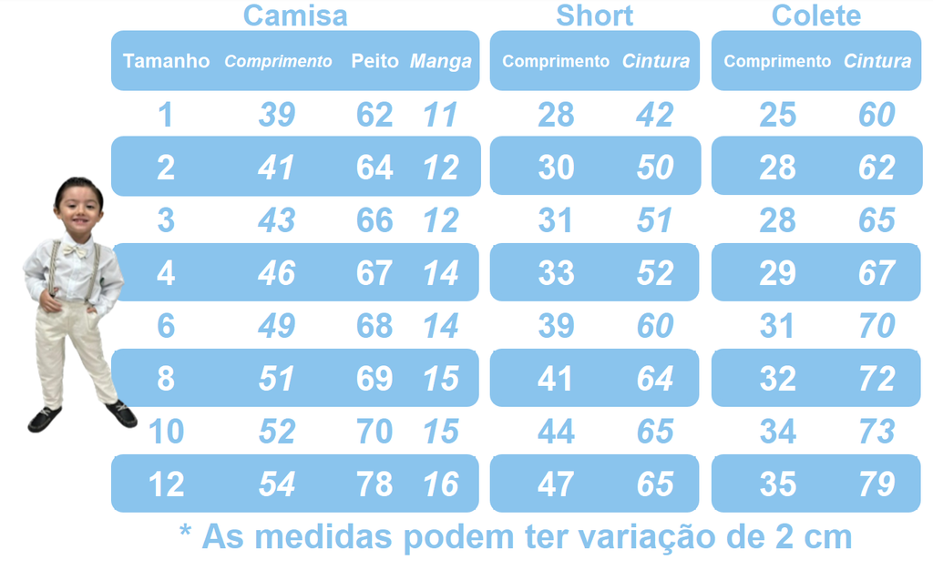 Conjunto Social Branco com Short, Camisa, Colete, Gravata e Suspensório