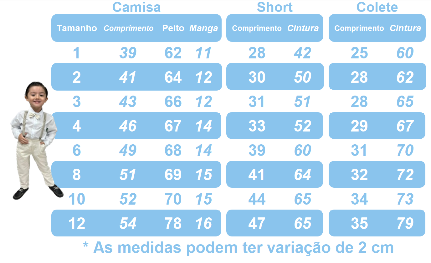 Conjunto Social Branco com Short, Camisa, Colete, Gravata e Suspensório