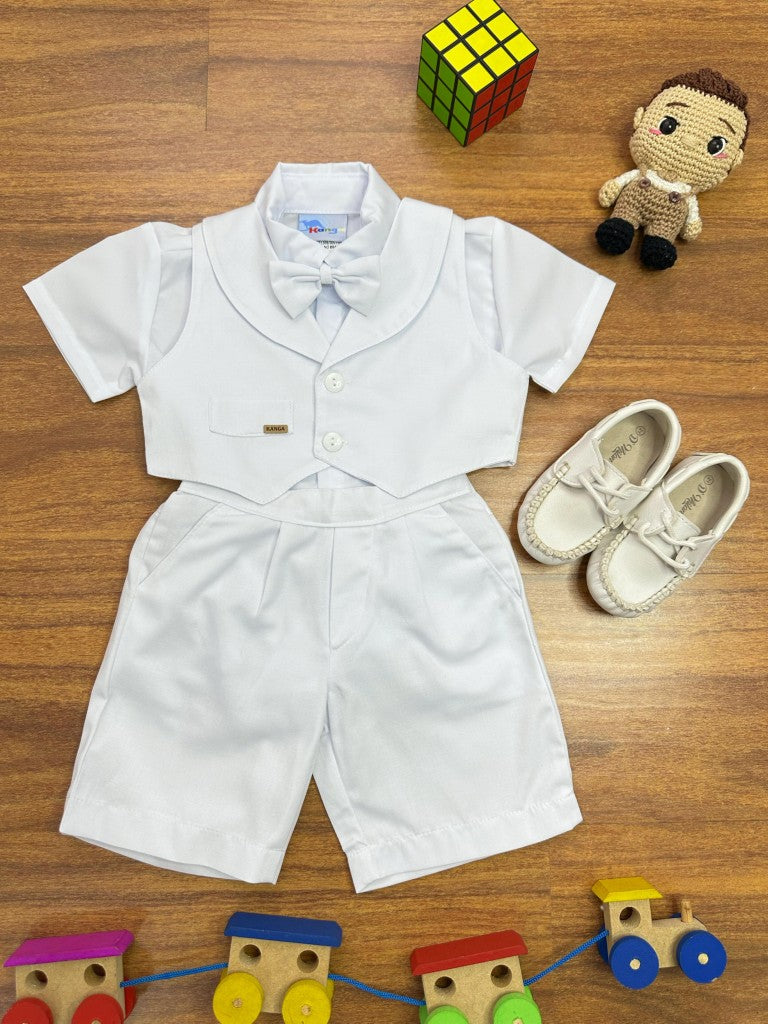 Conjunto Social Branco com Short, Camisa, Colete, Gravata e Suspensório