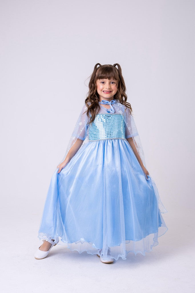 Fantasia Longa de Princesa Elsa em Cetim com Tule Glitter