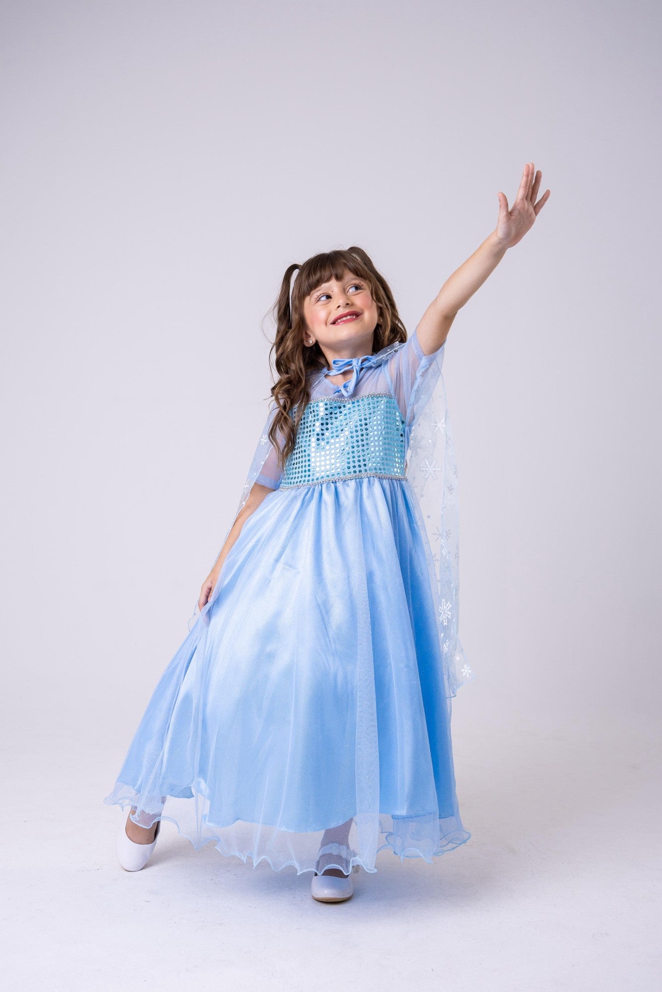 Fantasia Longa de Princesa Elsa em Cetim com Tule Glitter
