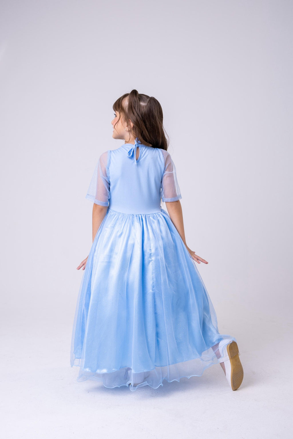 Fantasia Longa de Princesa Elsa em Cetim com Tule Glitter