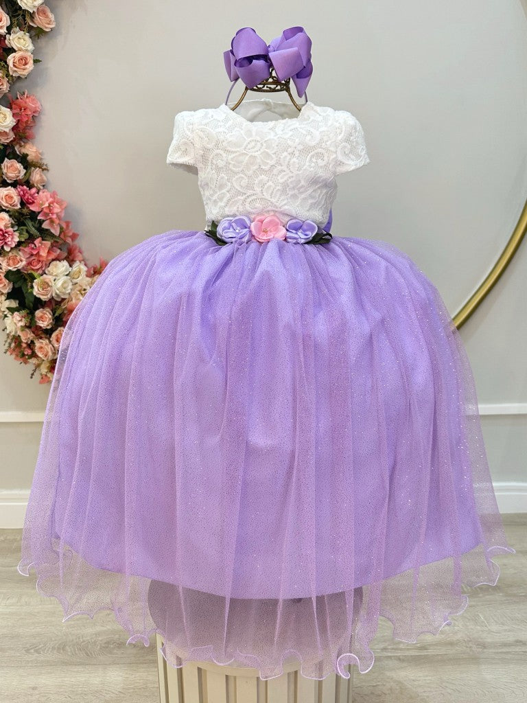 Vestido Infantil Off White com Saia Lilás e Detalhes em Renda e Broche