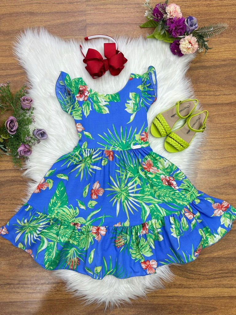Vestido Infantil Azul Florido Casual para Primavera