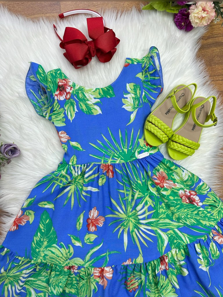 Vestido Infantil Azul Florido Casual para Primavera