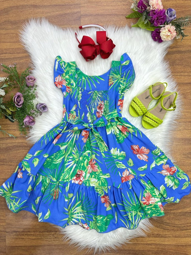 Vestido Infantil Azul Florido Casual para Primavera