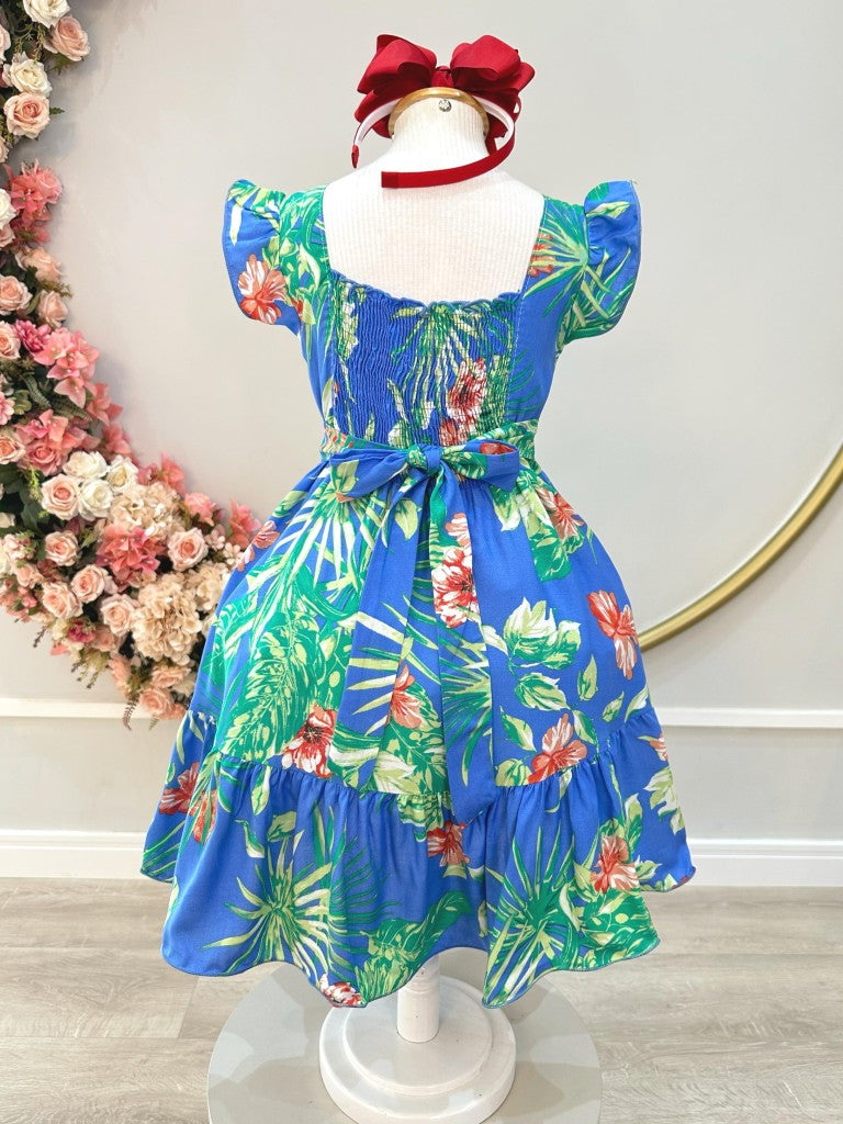 Vestido Infantil Azul Florido Casual para Primavera